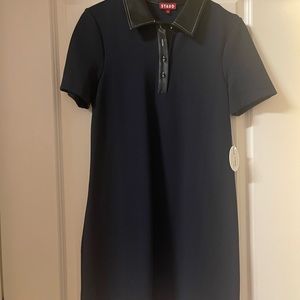 Staud Jay dresd navy with black vegan leather collar